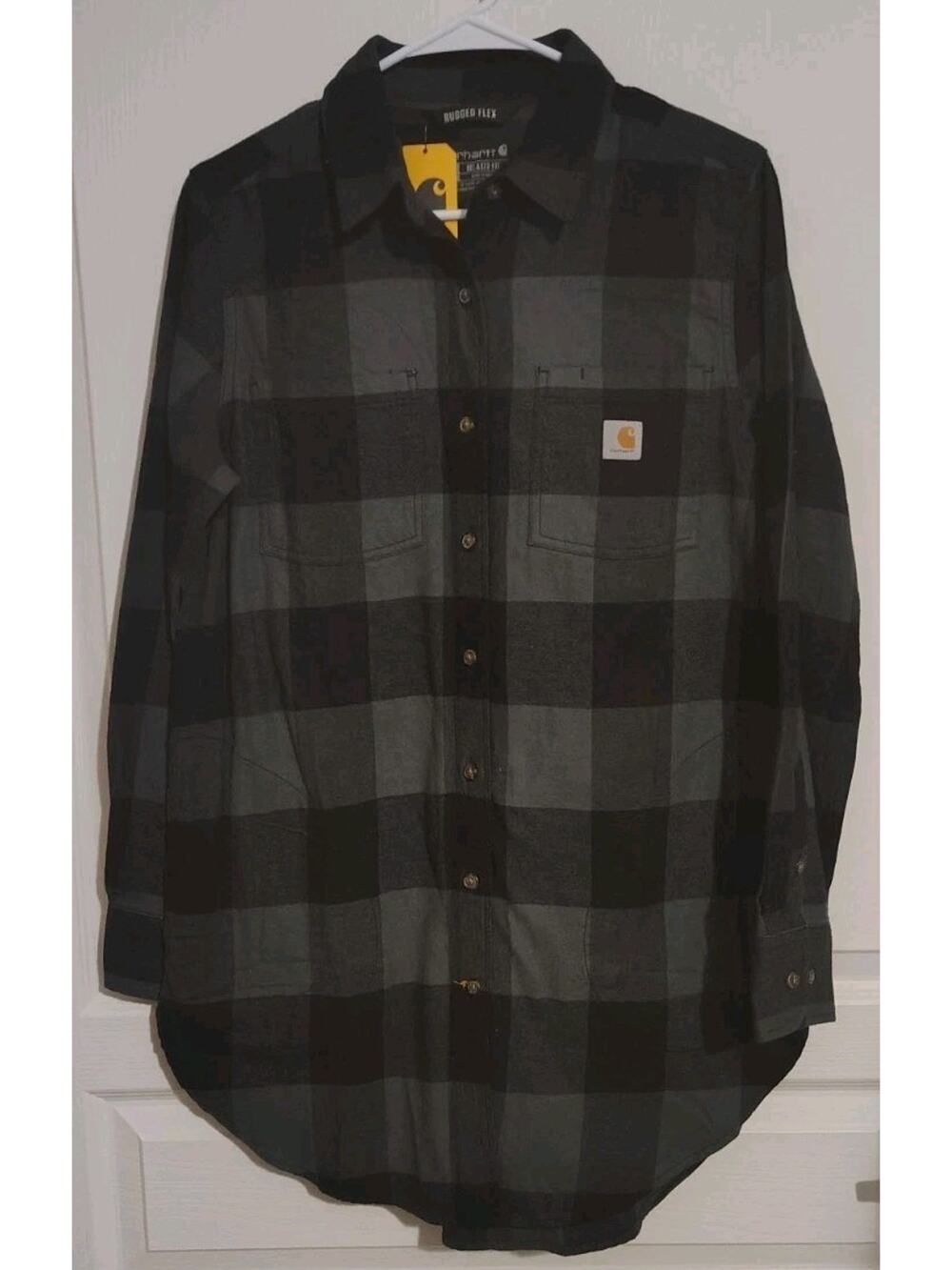 Carhartt Shirt Size Medium M 8-10 Women's Grey Black Flannel Tunic Shirt Plaid
